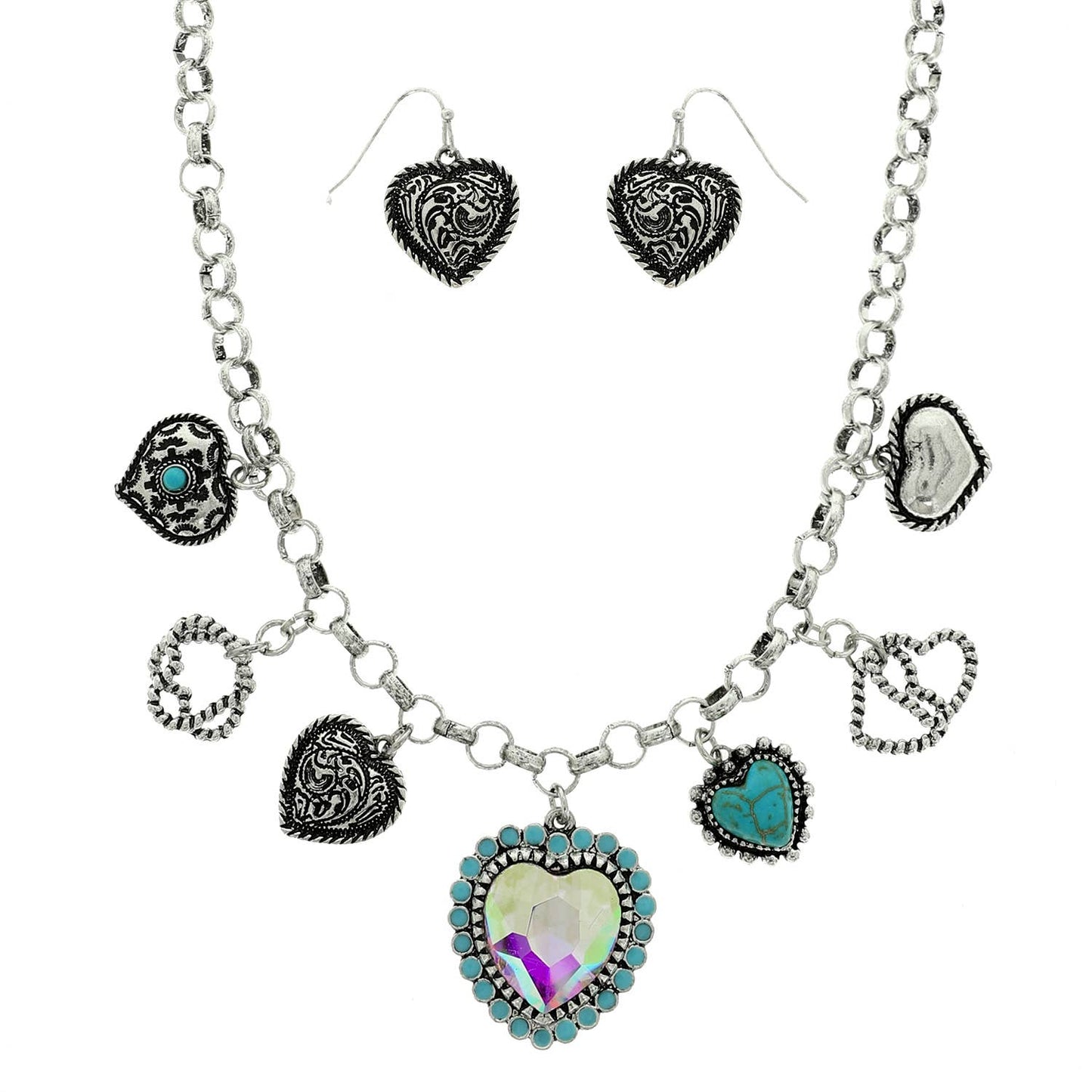 Western Theme Heart Pendant Necklace Set