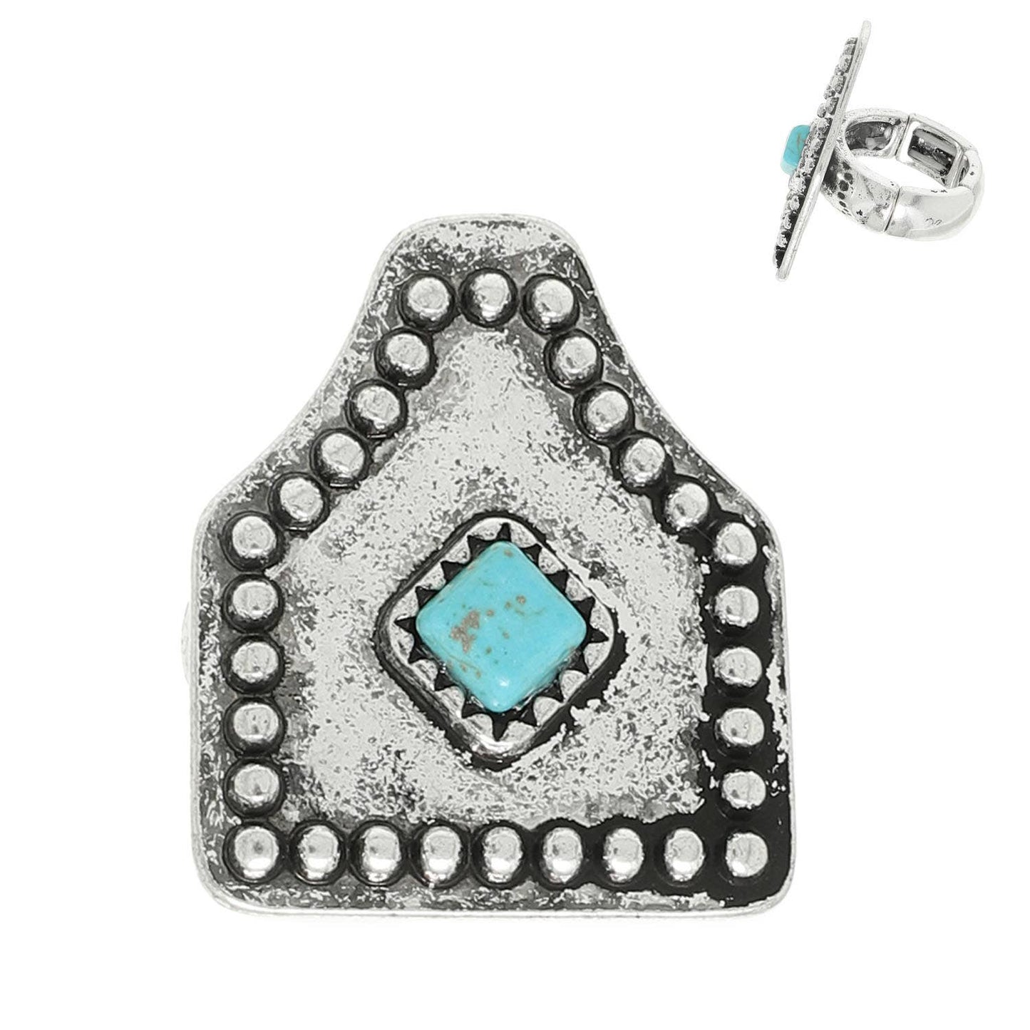 Western Rigidized Turquoise Embellished Cattle Tag Ring