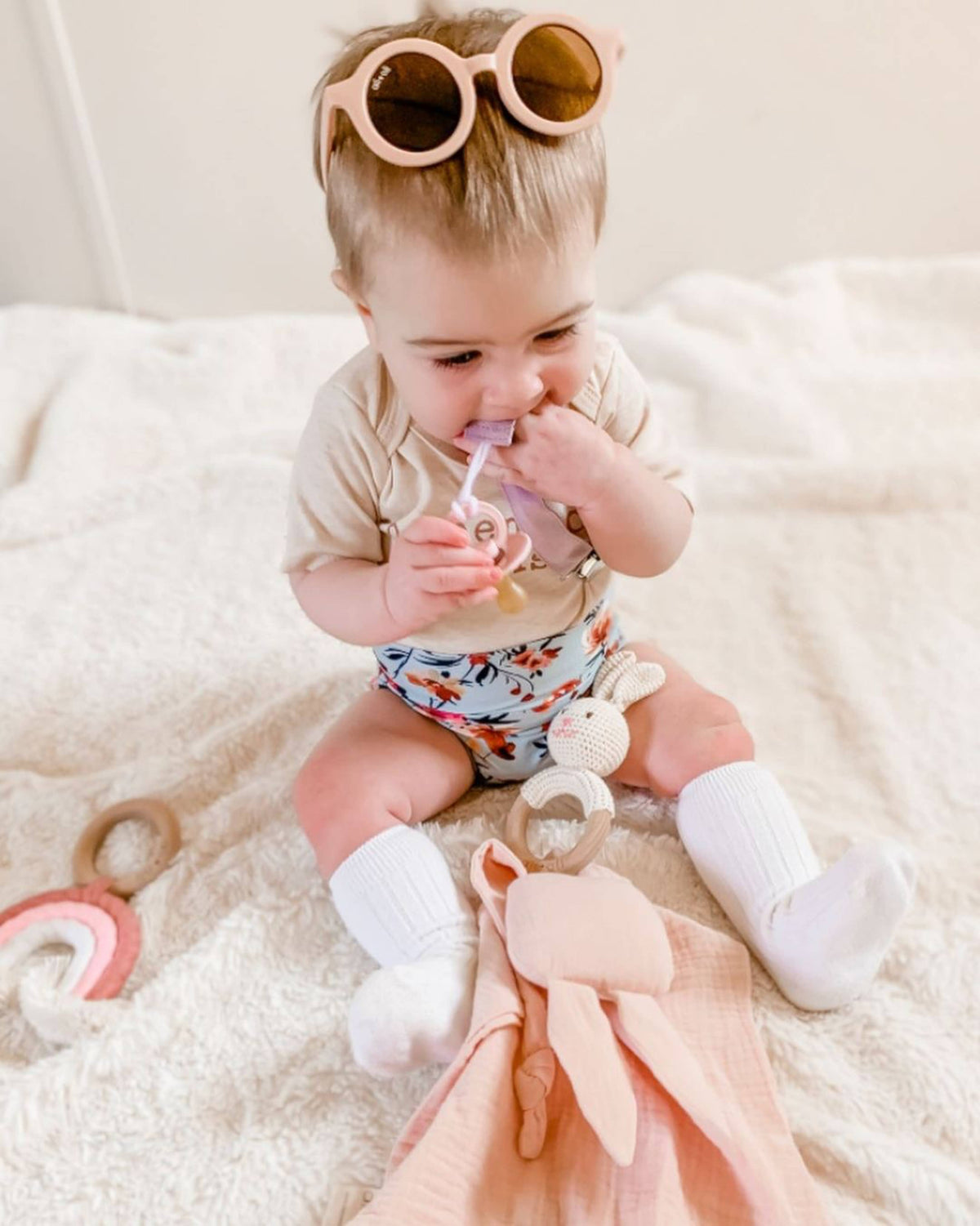 Baby Teething Toy Rattle Wood Ring Crochet bunny