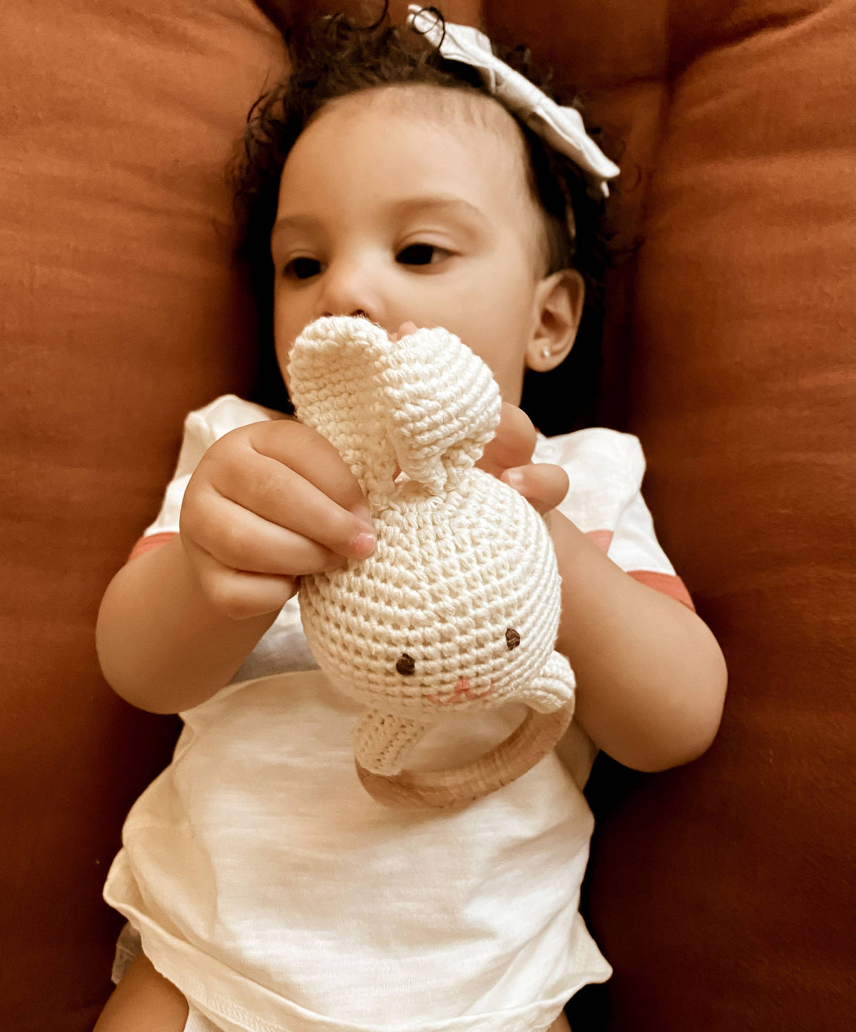 Baby Teething Toy Rattle Wood Ring Crochet bunny
