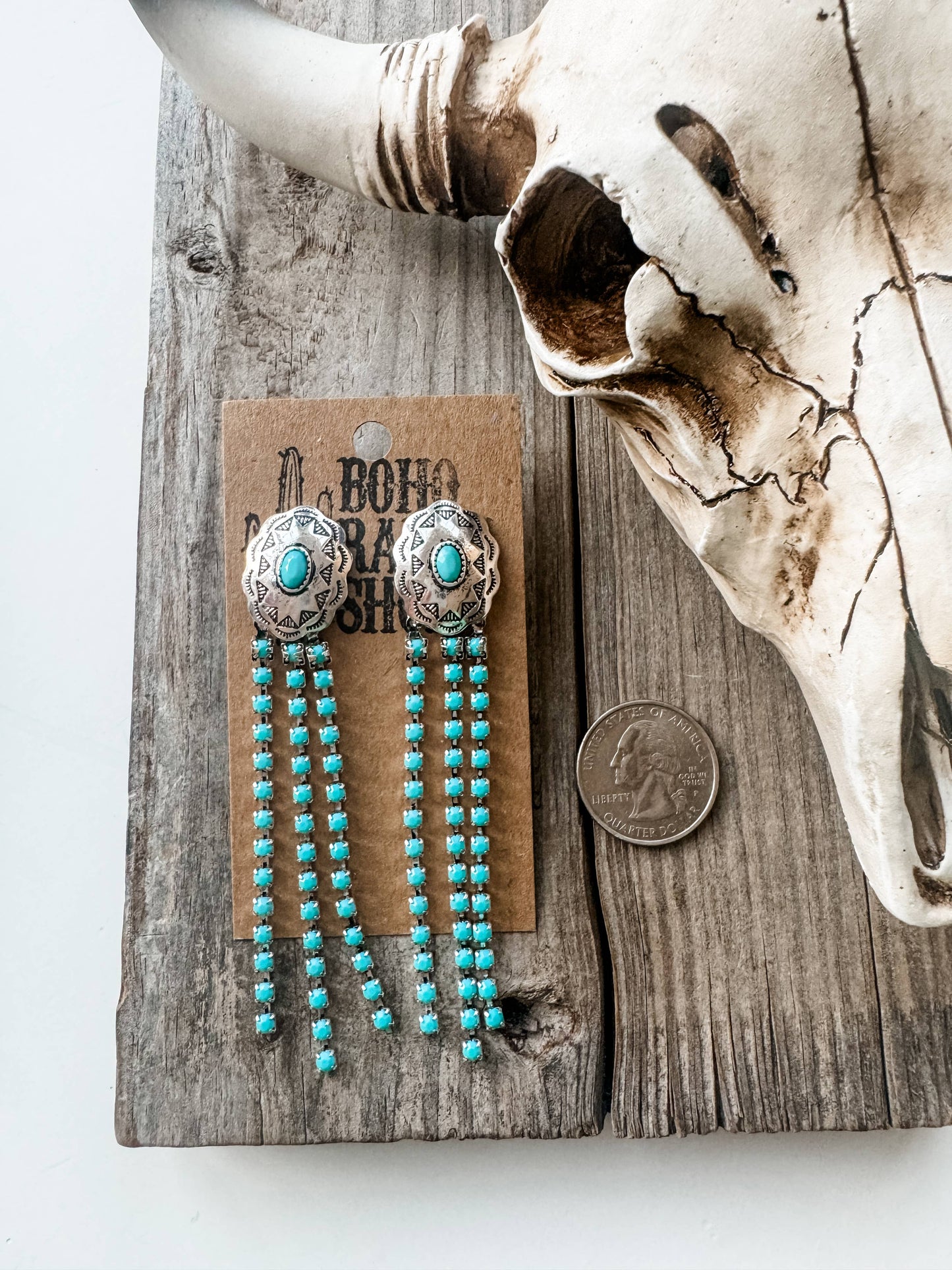 Concho Drop Dangle Western Earrings - black turquoise clear