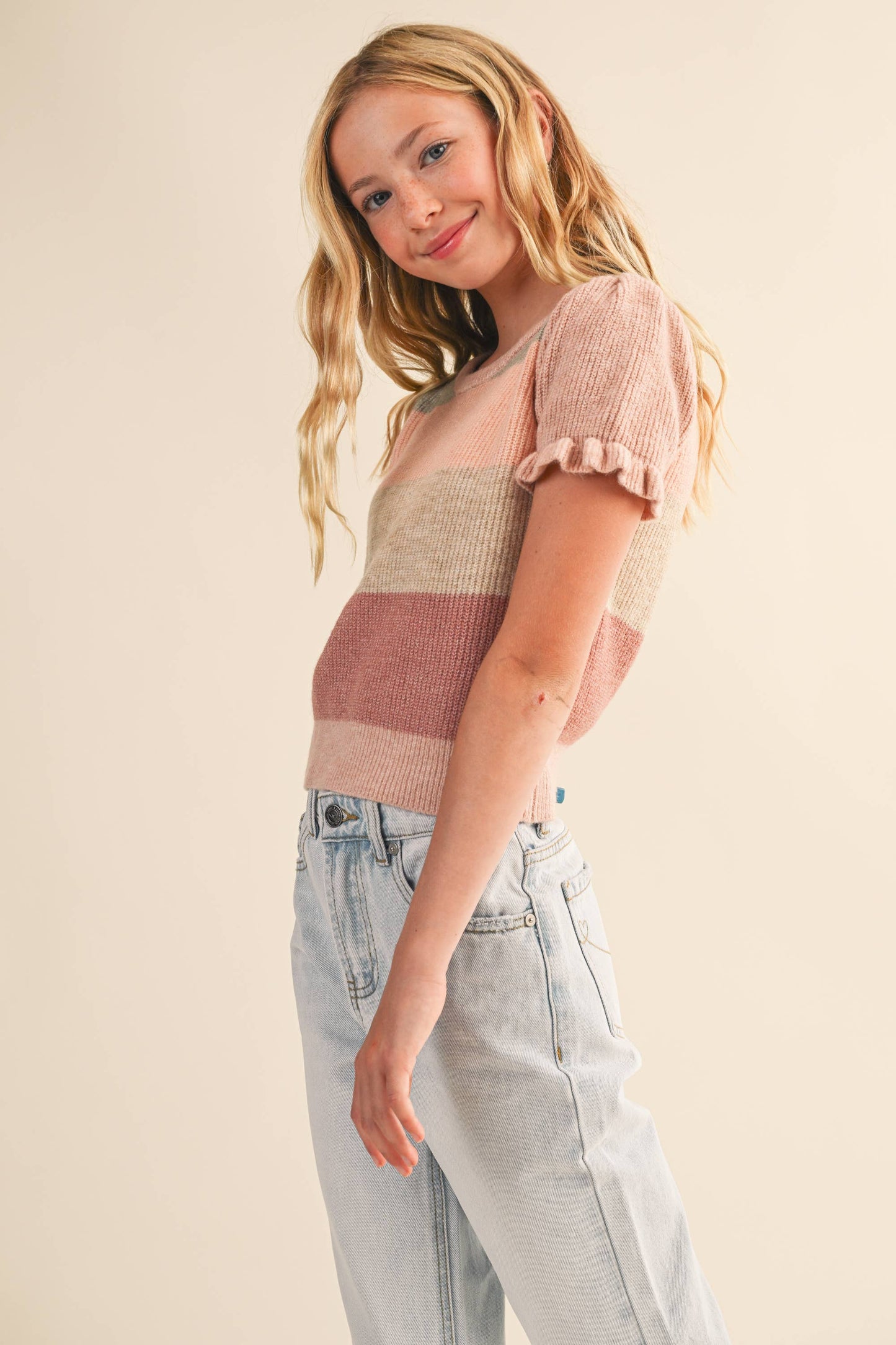 TWEEN KIDS GIRLS PUFF SLEEVE CROPPED SWEATER