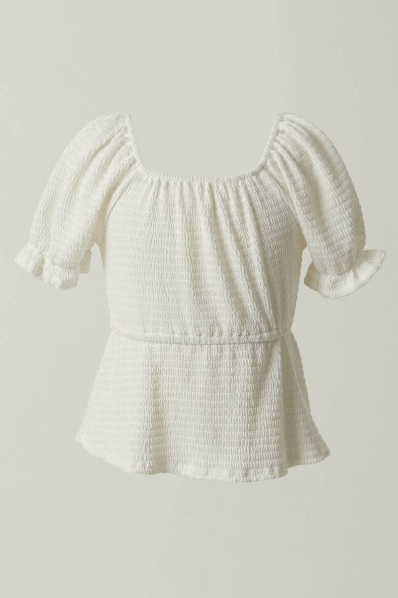 Girls Smocked Textured Knit Cinch Sleeve Babydoll Top