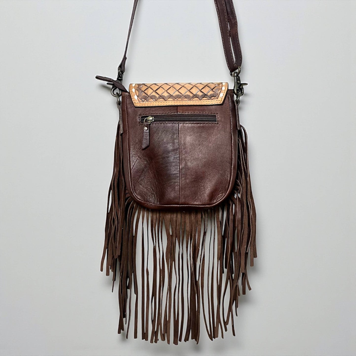 Cards tooled leather fringe bag 