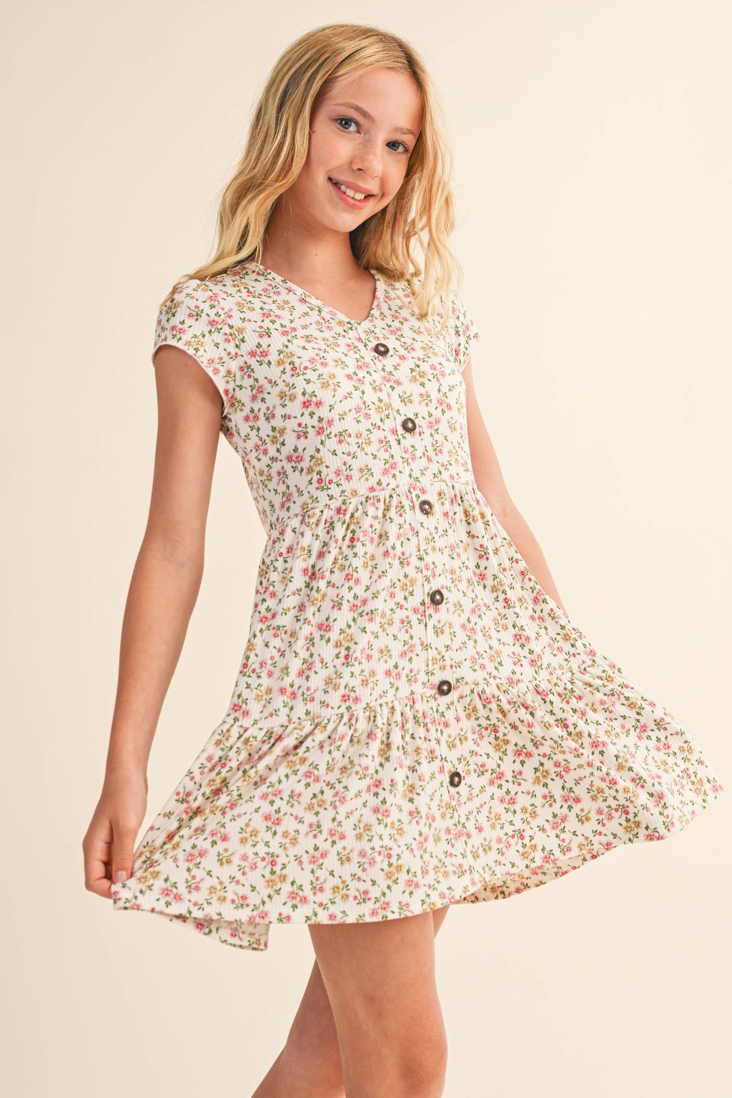 TWEEN KIDS GIRLS FAUX BUTTON DOWN TIERED DRESS
