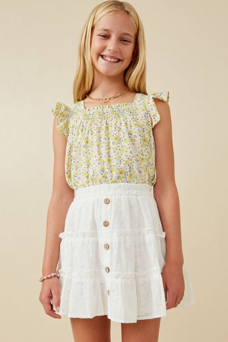 Girls Floral Print Flutter Sleeve Smocked Tank