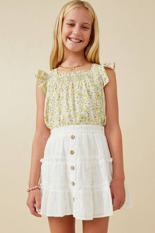 Girls Floral Print Flutter Sleeve Smocked Tank