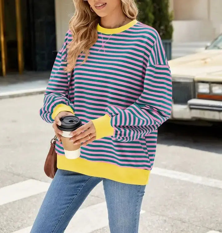 Striped Crew Neck Contrast Color Loose Long Sleeve Sweater