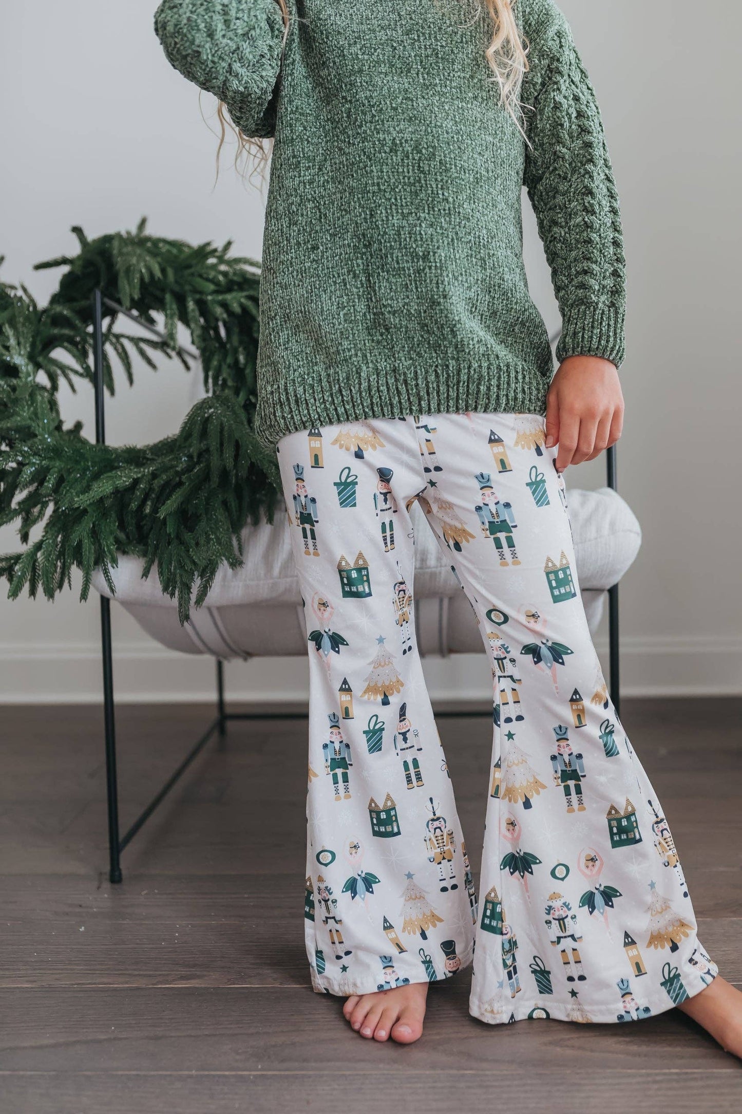Kids Green Chenille Sweater & Nutcracker Bell Pant Set