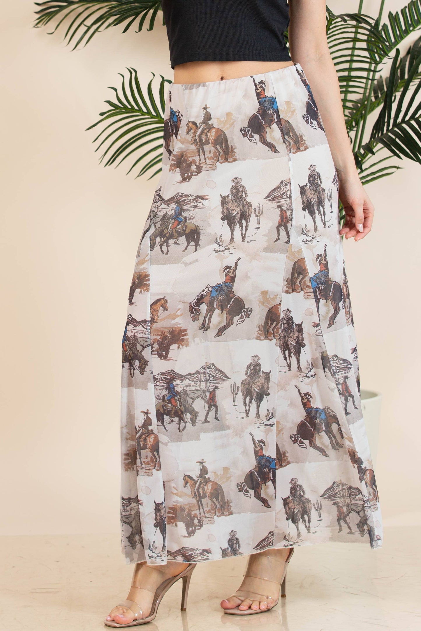 TANIA COWBOY PRINT LINED FULL MESH SKIRT