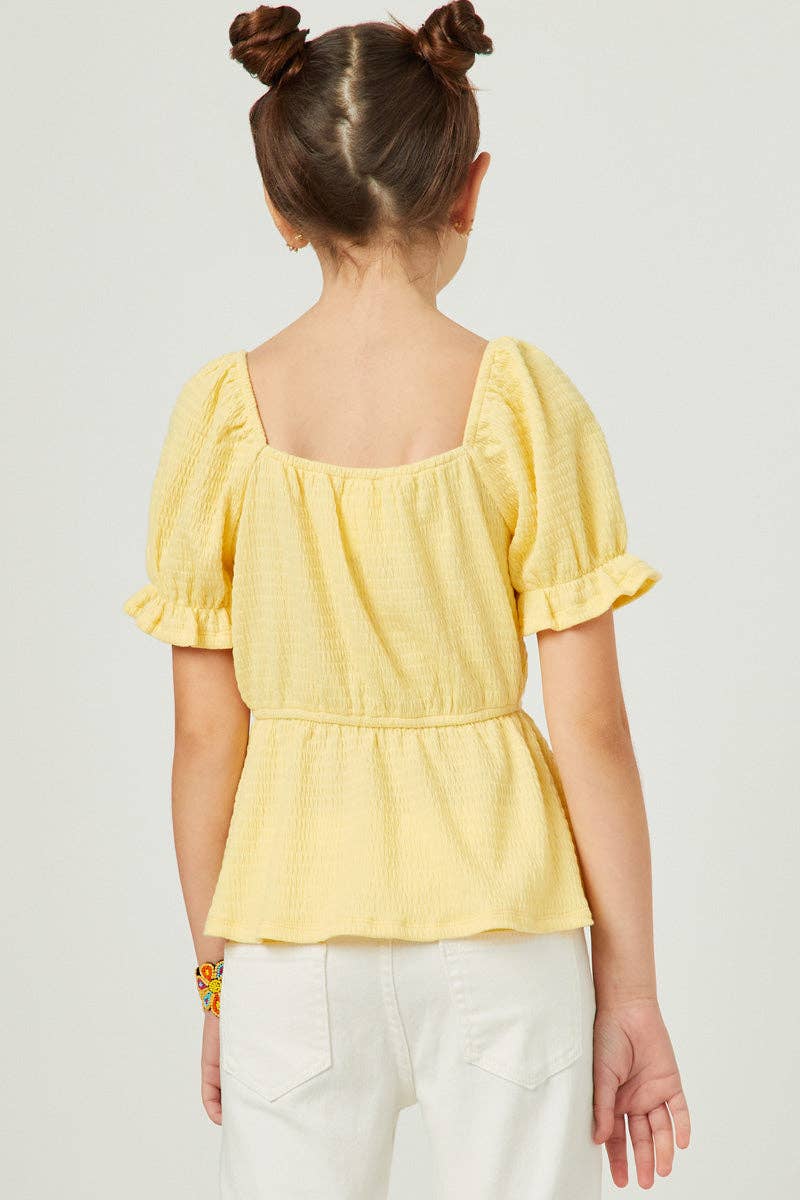 Girls Smocked Textured Knit Cinch Sleeve Babydoll Top