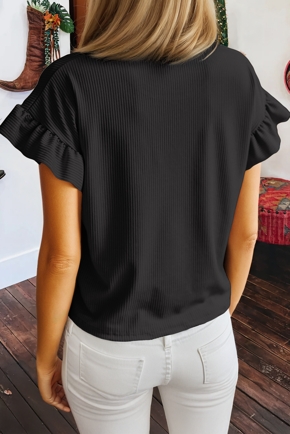 Solid Color Ribbed Ruffled Short Sleeve T Shirt