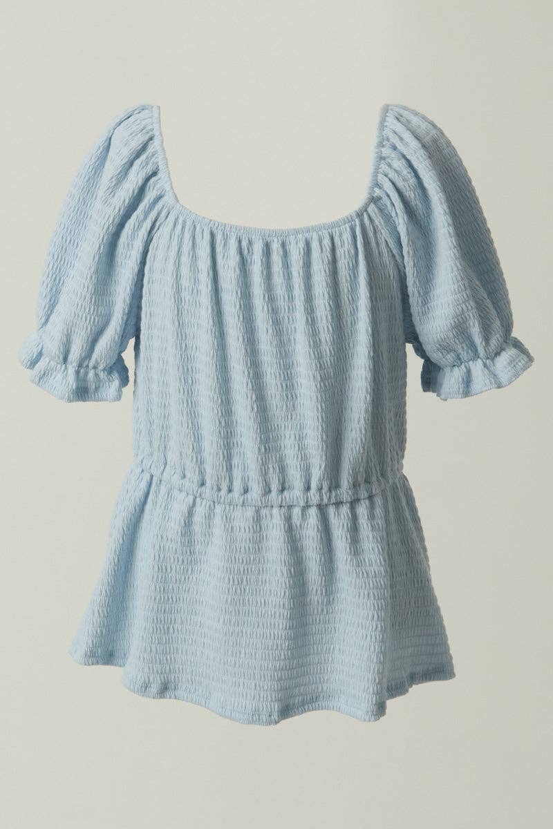 Girls Smocked Textured Knit Cinch Sleeve Babydoll Top