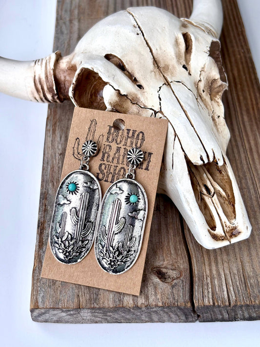 Western Cactus Scenery Statement Post Drop Earrings