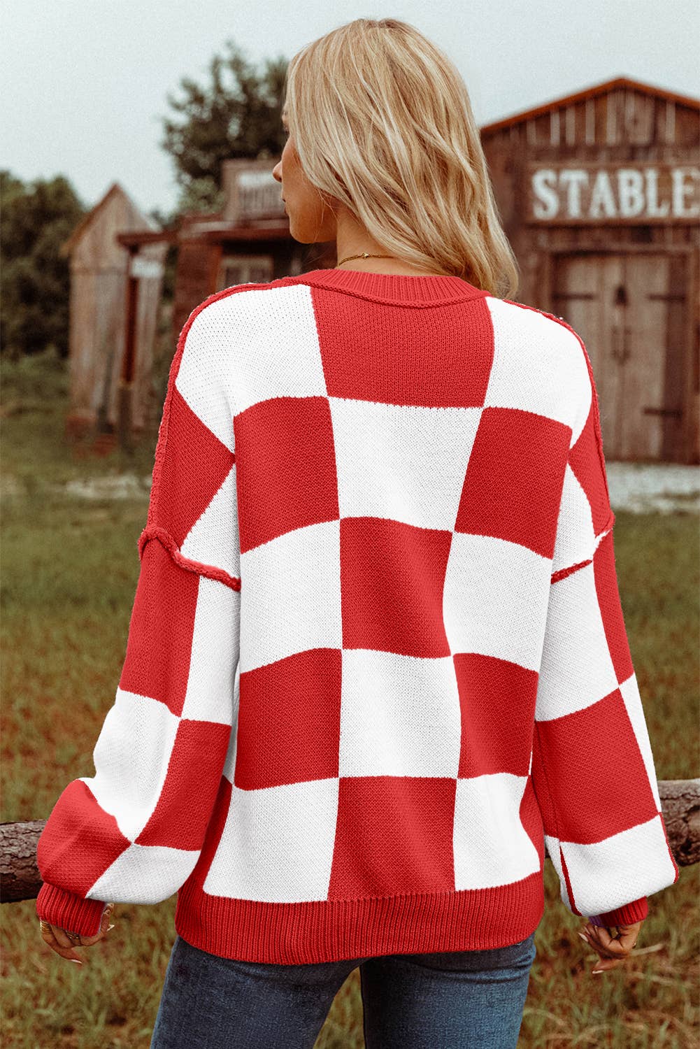 Fashion Checkered Bishop Sleeve Sweater