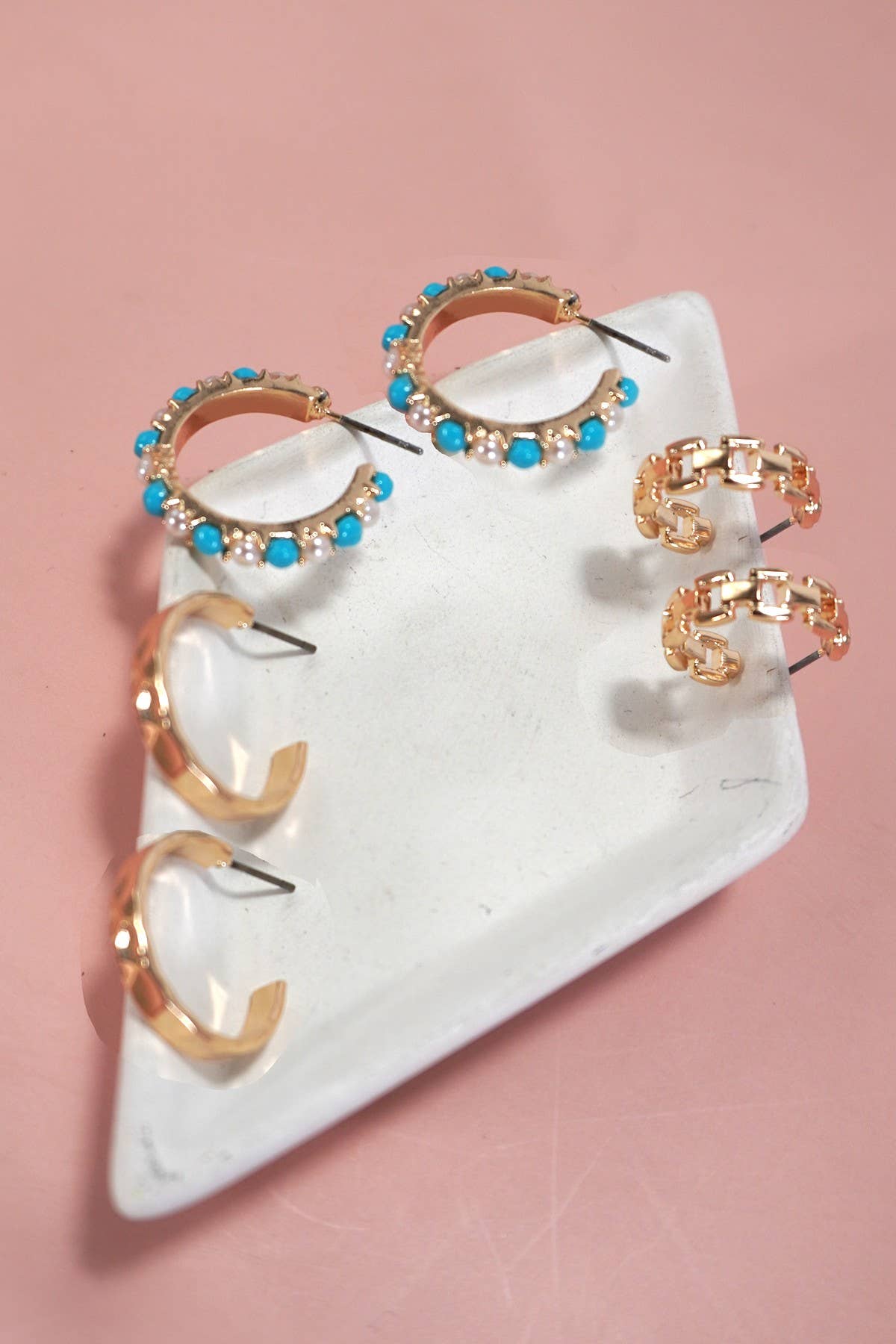 LINK DIAMOND CUT TURQ PEARL TRIO HOOP EARRING SETS