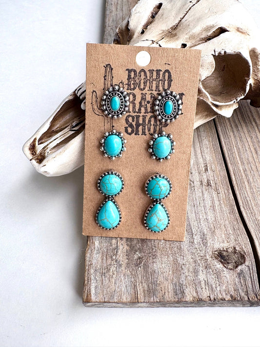 3 Pair Western Theme Concho Turquoise Stone Earring Set