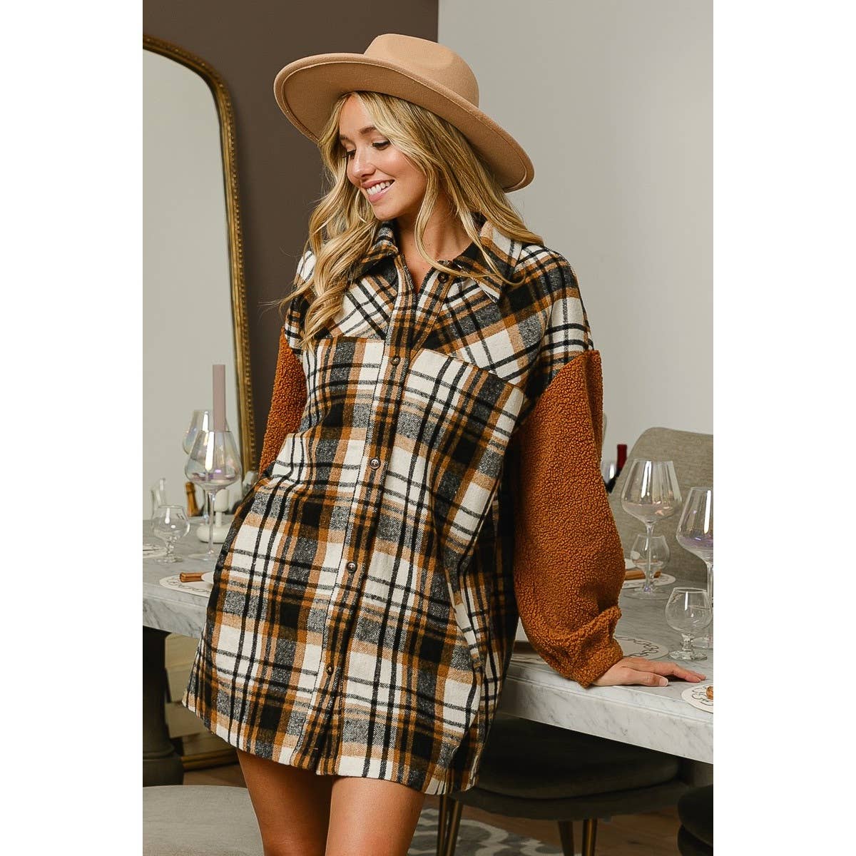 VINTAGE PLAID AND SHERPA MIXED SHACKET