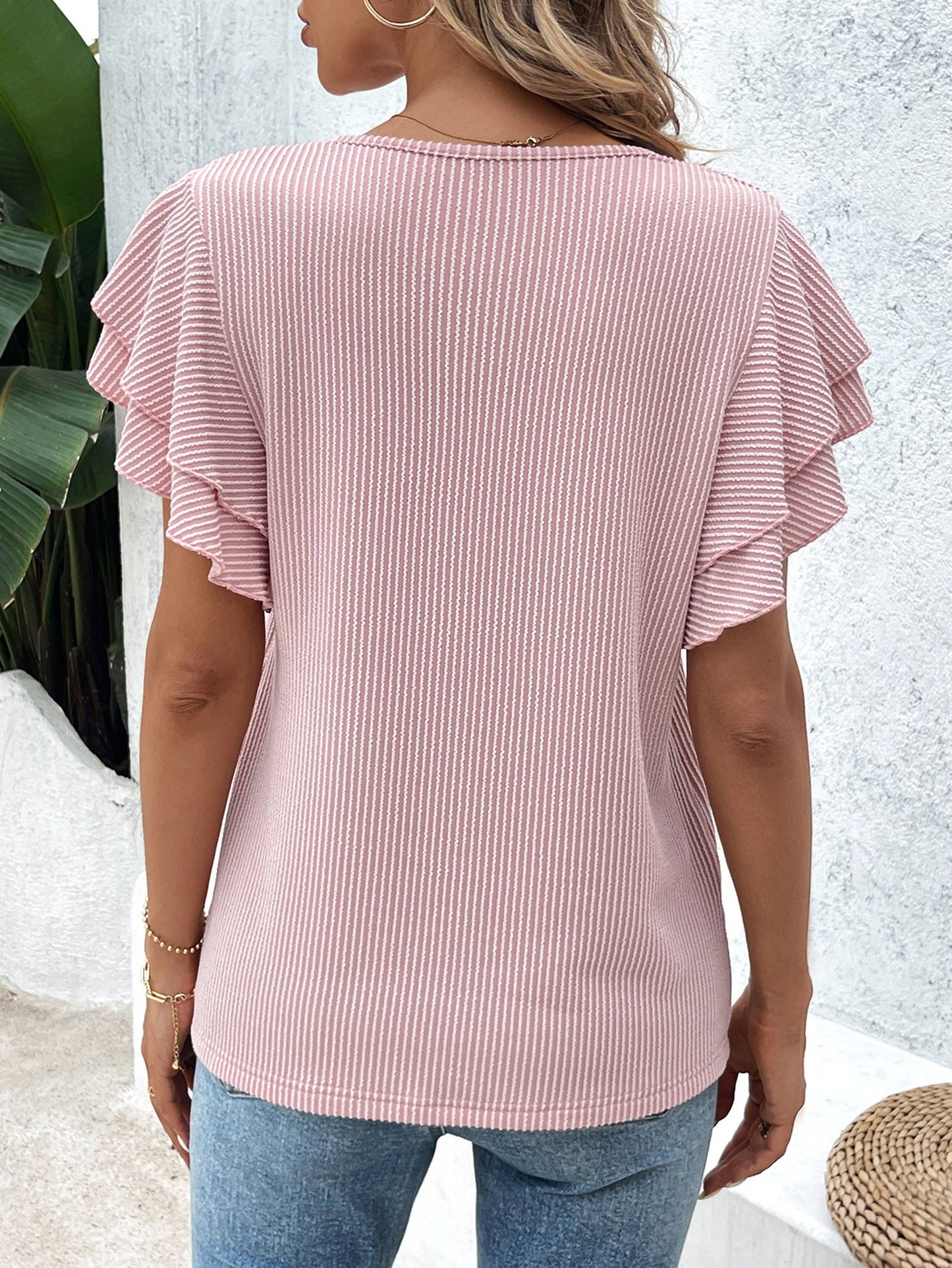 Casual Ruffled Sleeve Rround Neck Shirt