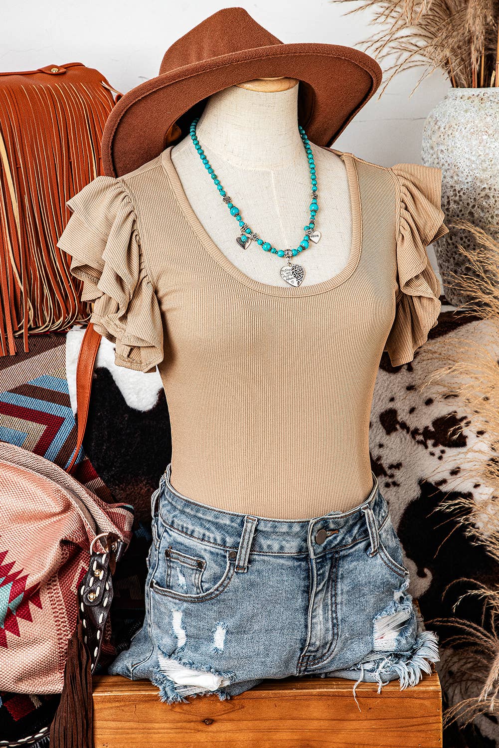 Ruffled Tiered Sleeve Square Neck Textured Top