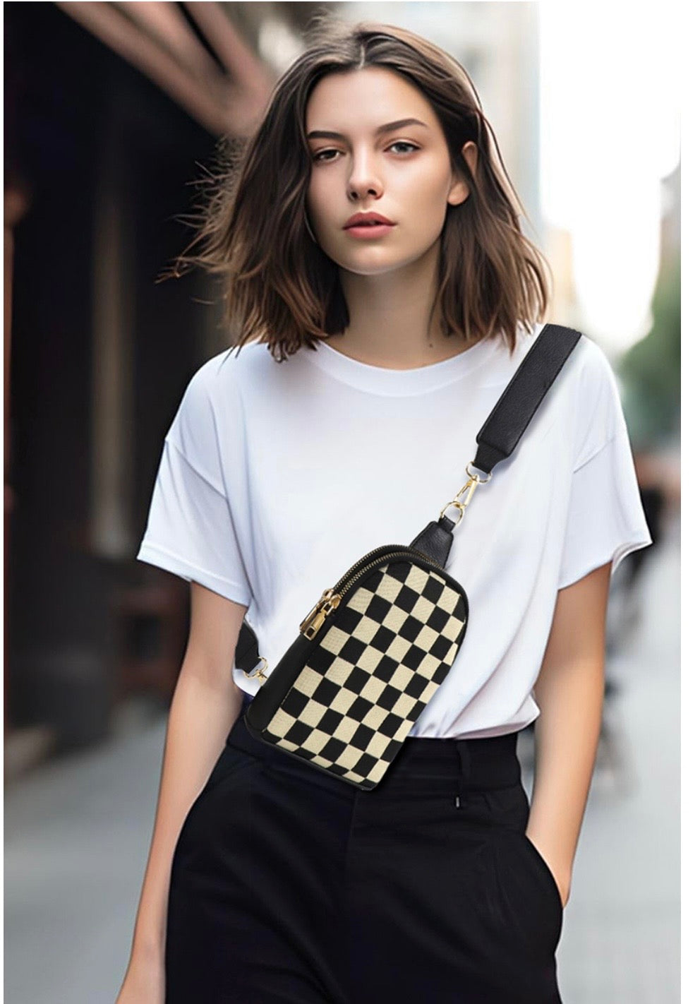 CHECKERED CROSSBODY SLING BAG