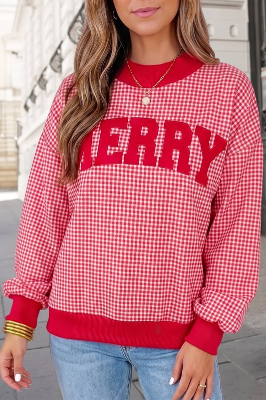 MERRY Gingham Print Mock Neck
