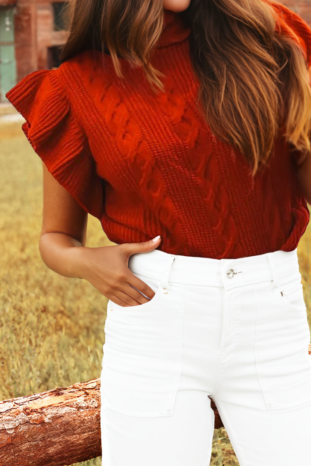 Cable Knit Ribbed Turtleneck Ruffled Short Sleeve Sweater