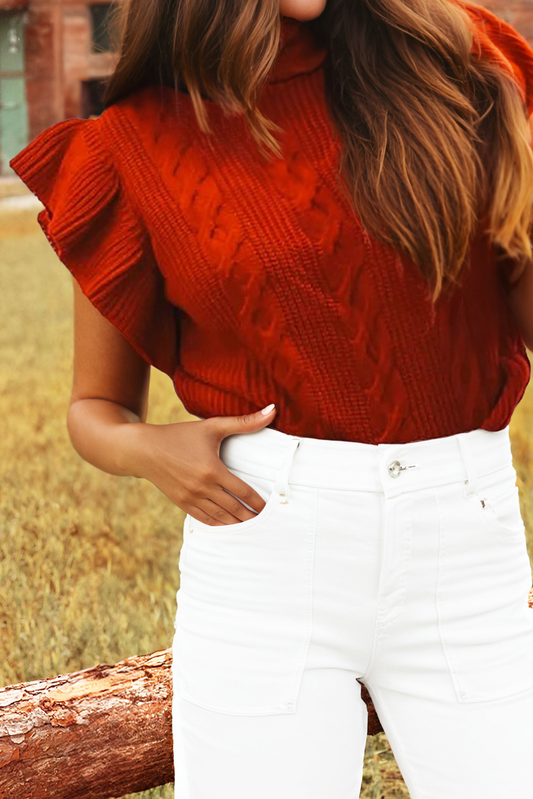 Cable Knit Ribbed Turtleneck Ruffled Short Sleeve Sweater
