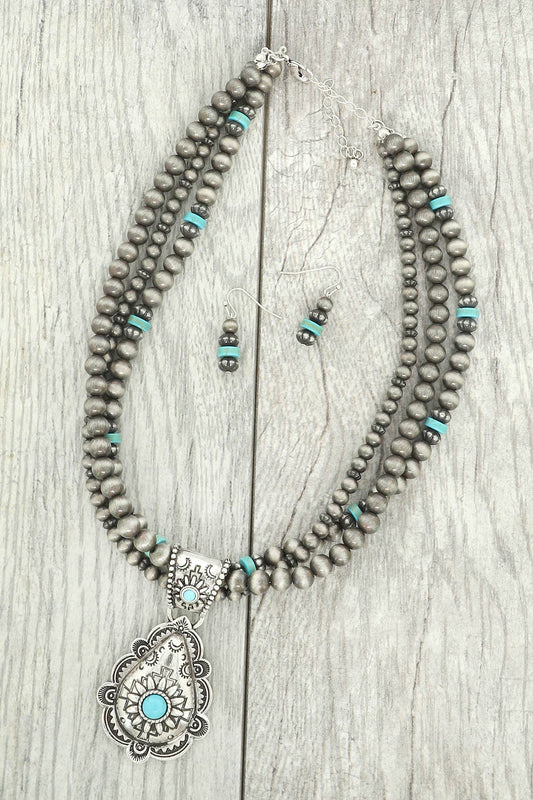 Western Floral Turquoise Teardrop Necklace & Earring Set