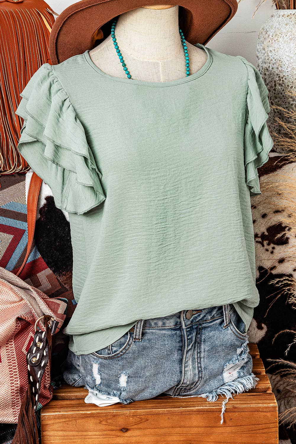 Solid Color Ruffled Short Sleeve Casual Blouse