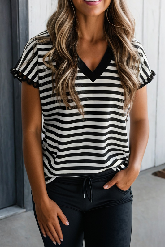 Striped Print V Neck Casual Tee