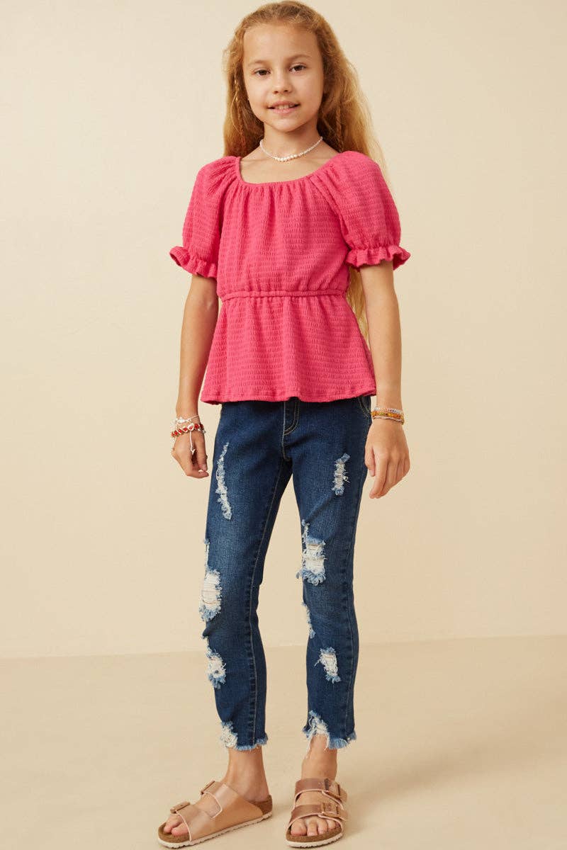 Girls Smocked Textured Knit Cinch Sleeve Babydoll Top