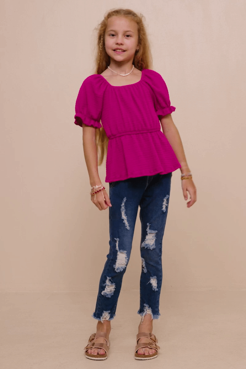 Girls Smocked Textured Knit Cinch Sleeve Babydoll Top
