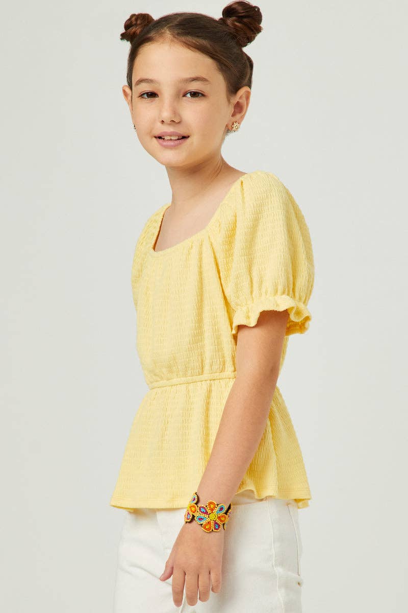 Girls Smocked Textured Knit Cinch Sleeve Babydoll Top