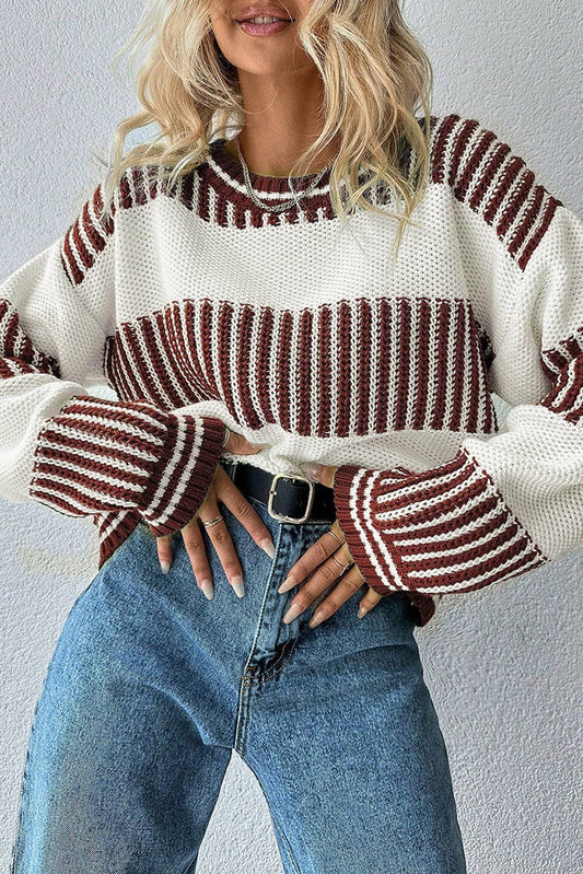 Two Tone Striped Patchwork  Loose Sweater