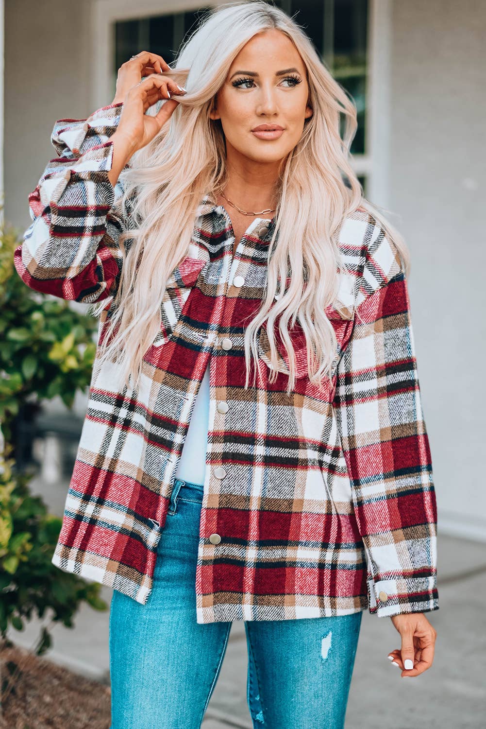 Casual Geometric Plaid Print Pocketed Shacket