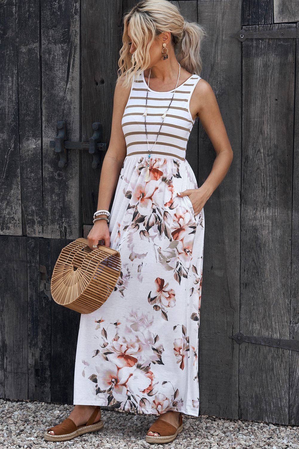 Striped Floral Print Sleeveless Maxi Dress with Pocket