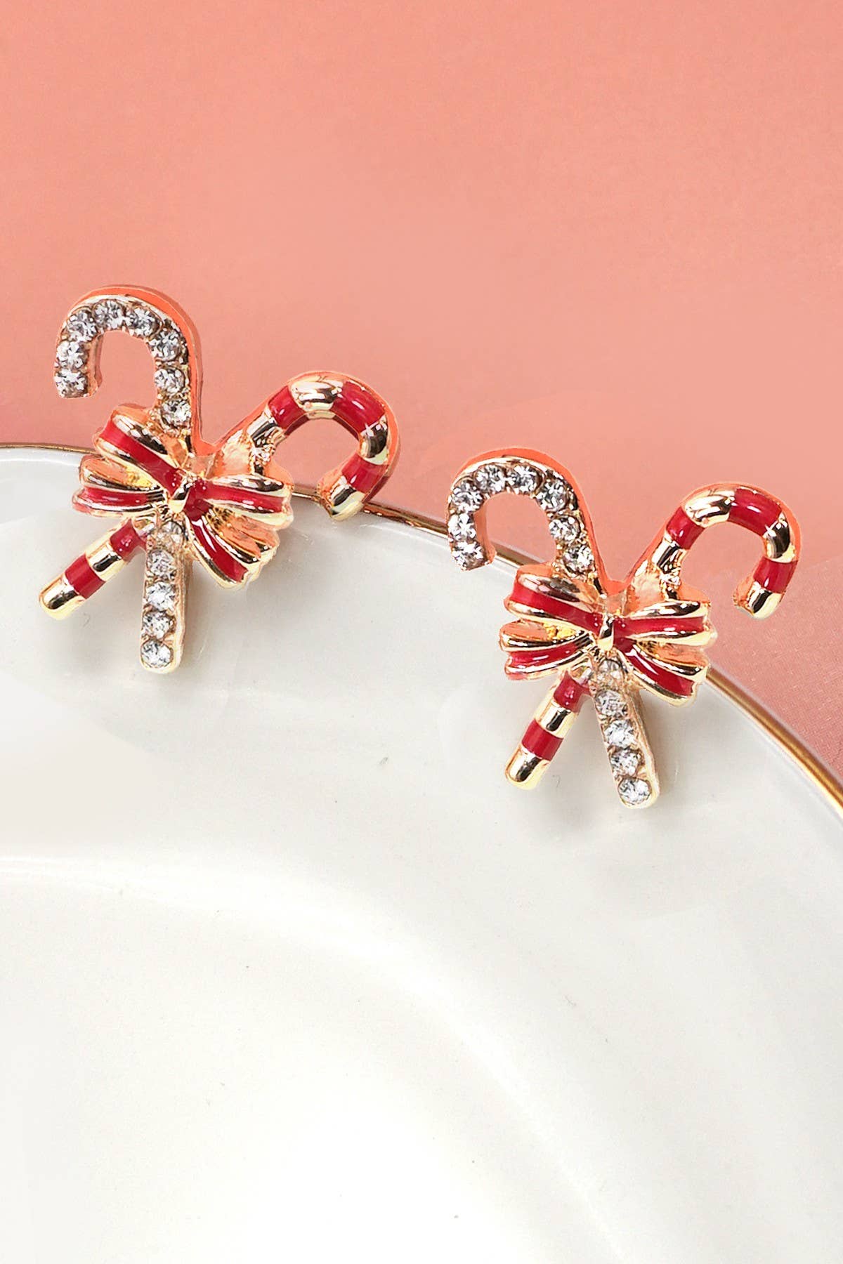 CHRISTMAS CANDY CANE RHINESTONE BOW EARRINGS