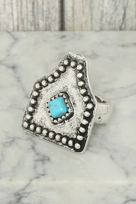 Western Rigidized Turquoise Embellished Cattle Tag Ring