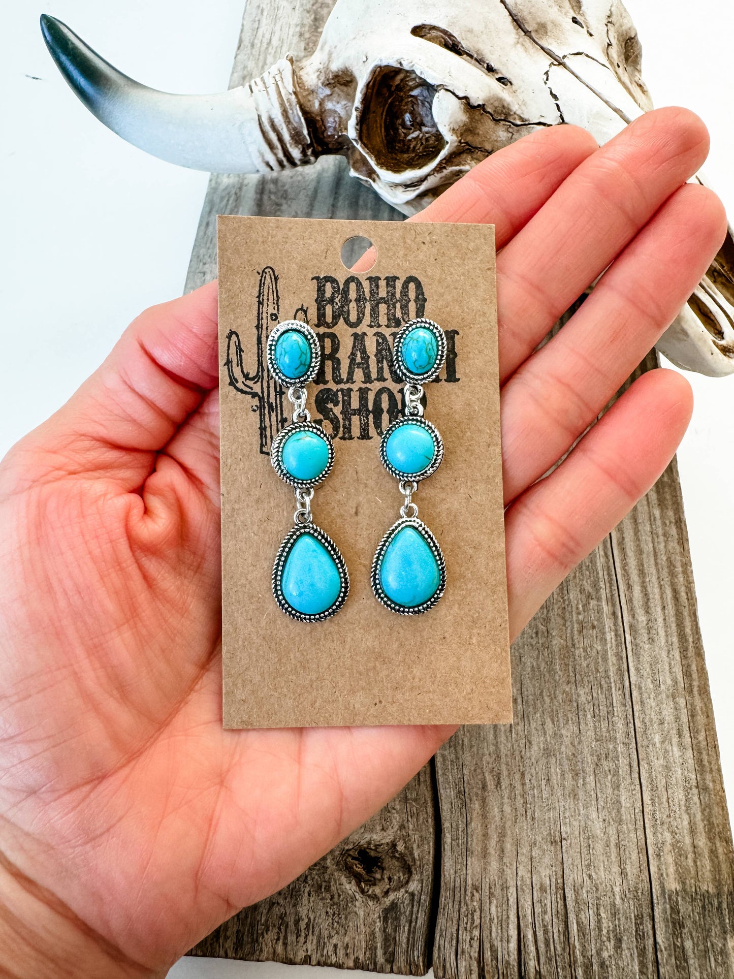 Western Tier Drop Earrings - Round Stone with Teardrop Stone