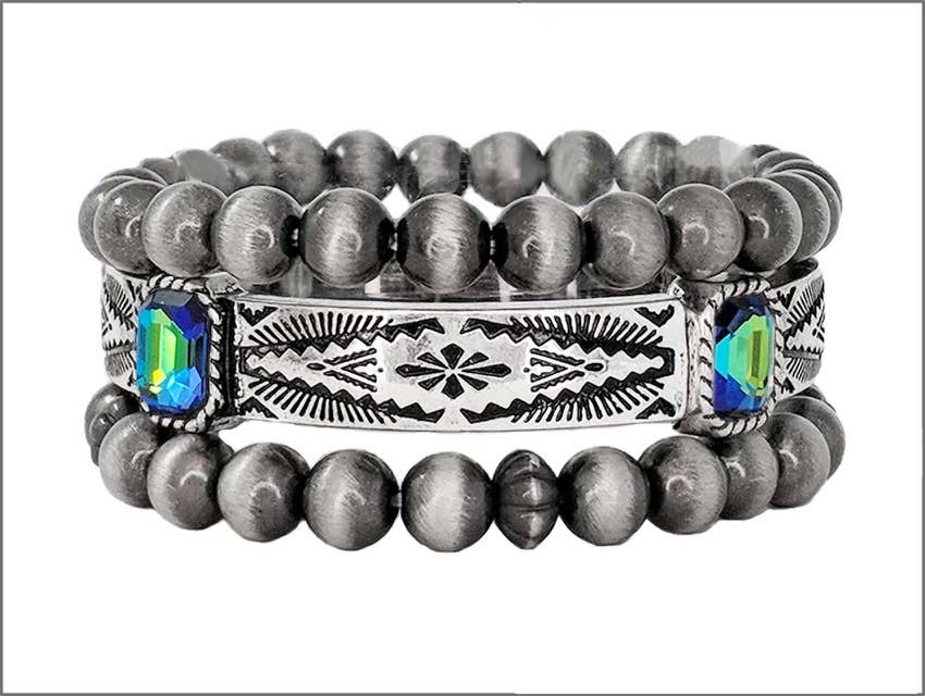Western Navajo Glass Stone 3 Layered Stretch Bracelet 