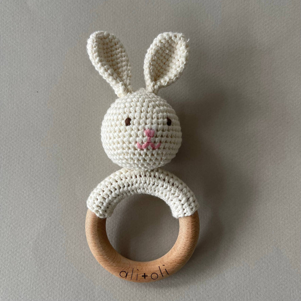 Baby Teething Toy Rattle Wood Ring Crochet bunny