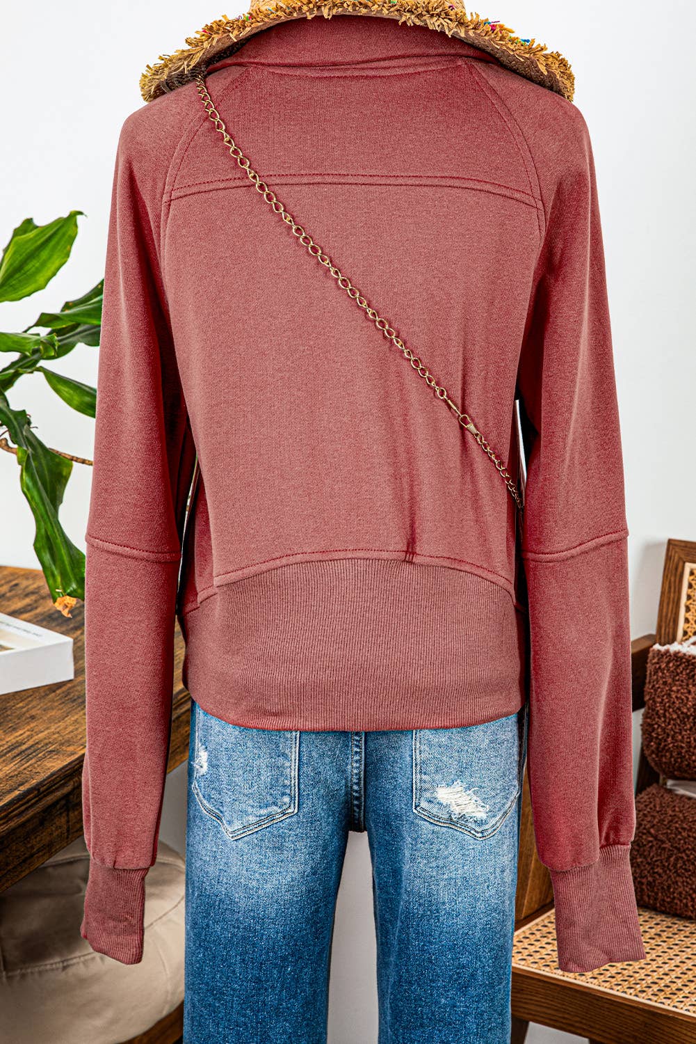Fleece Lined Zip Up Stand Collar Thumbhole Sleeve Sweatshirt