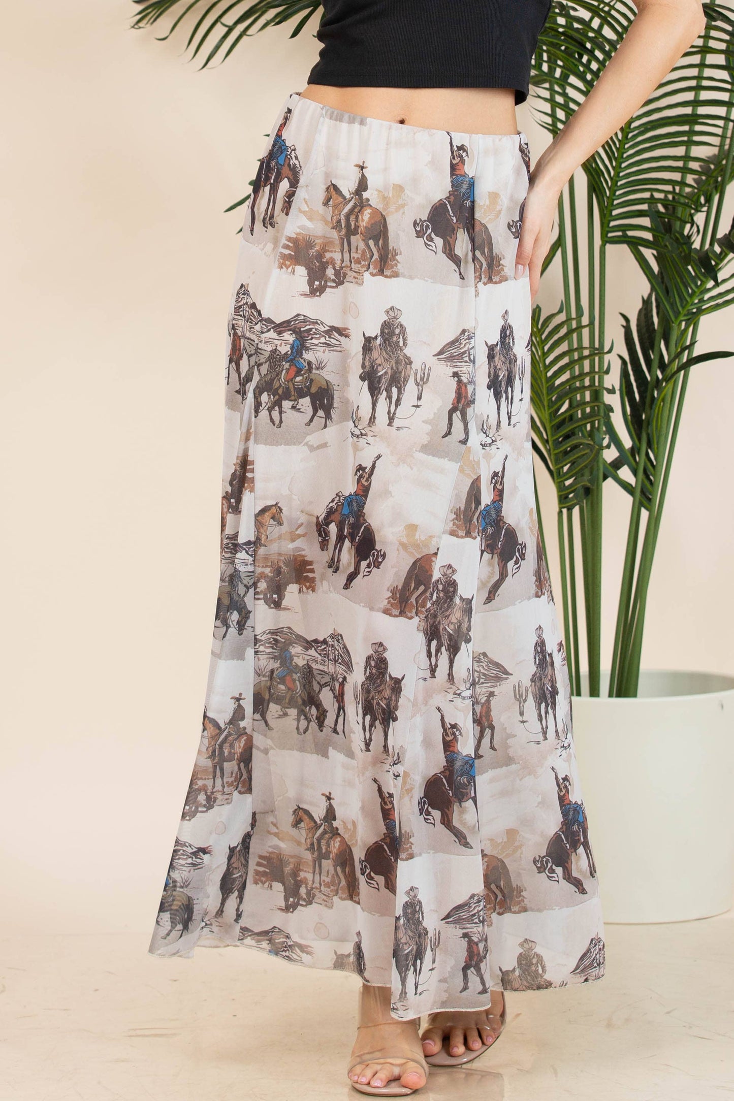 TANIA COWBOY PRINT LINED FULL MESH SKIRT
