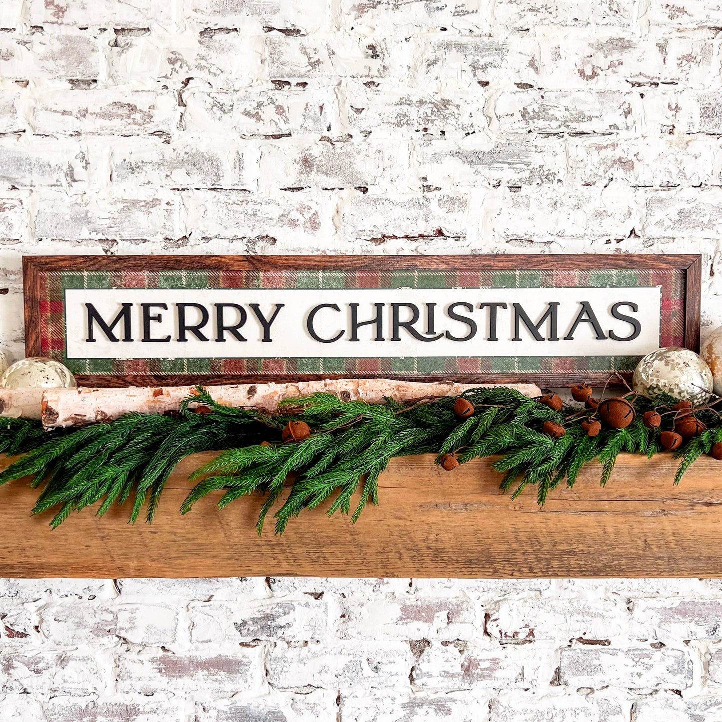 Merry Christmas Plaid Background Wood Sign