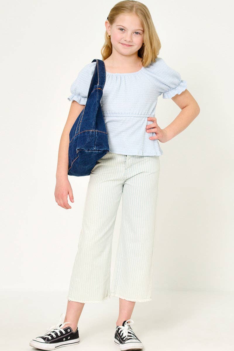 Girls Smocked Textured Knit Cinch Sleeve Babydoll Top