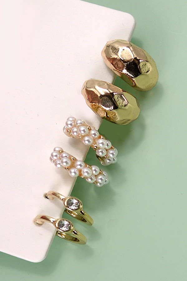 TRIO PEARL DIAMOND CUT  HOOP EARRINGS