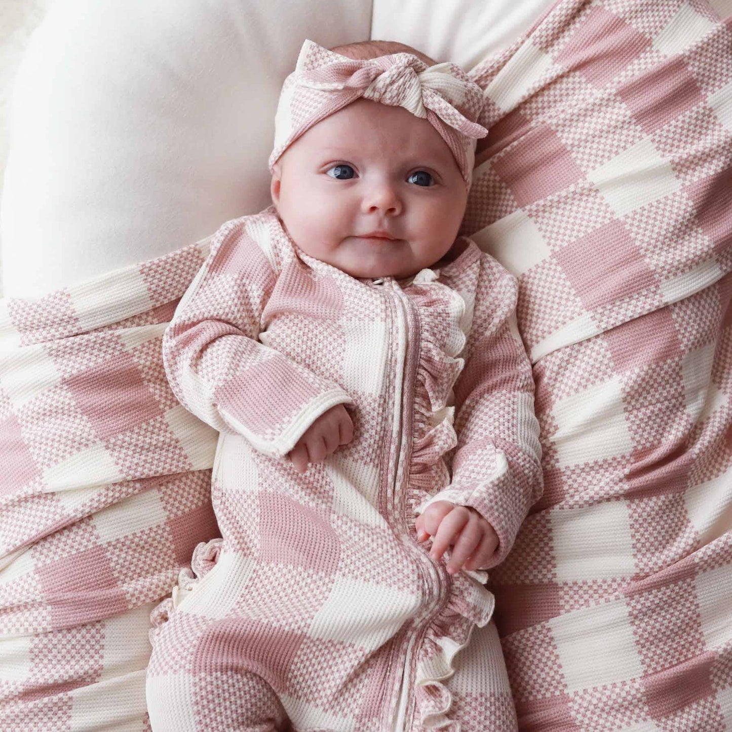 Big Check Bamboo Waffle Zipper Ruffle Footie | Rosy