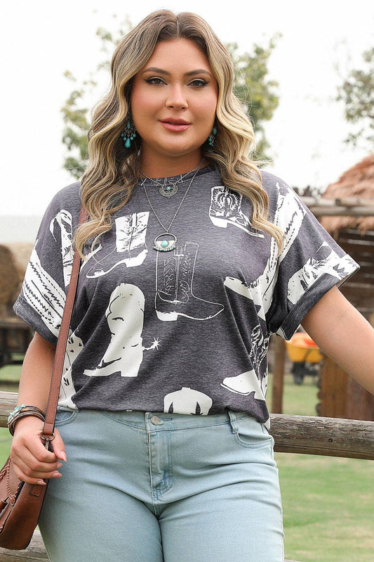 Western Boots Graphic Plus Size Casual Tee
