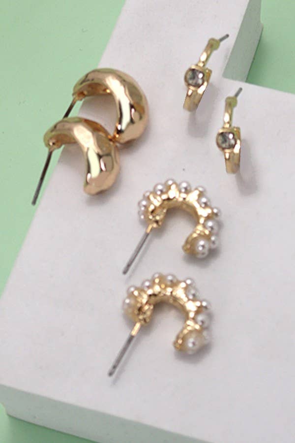 TRIO PEARL DIAMOND CUT  HOOP EARRINGS